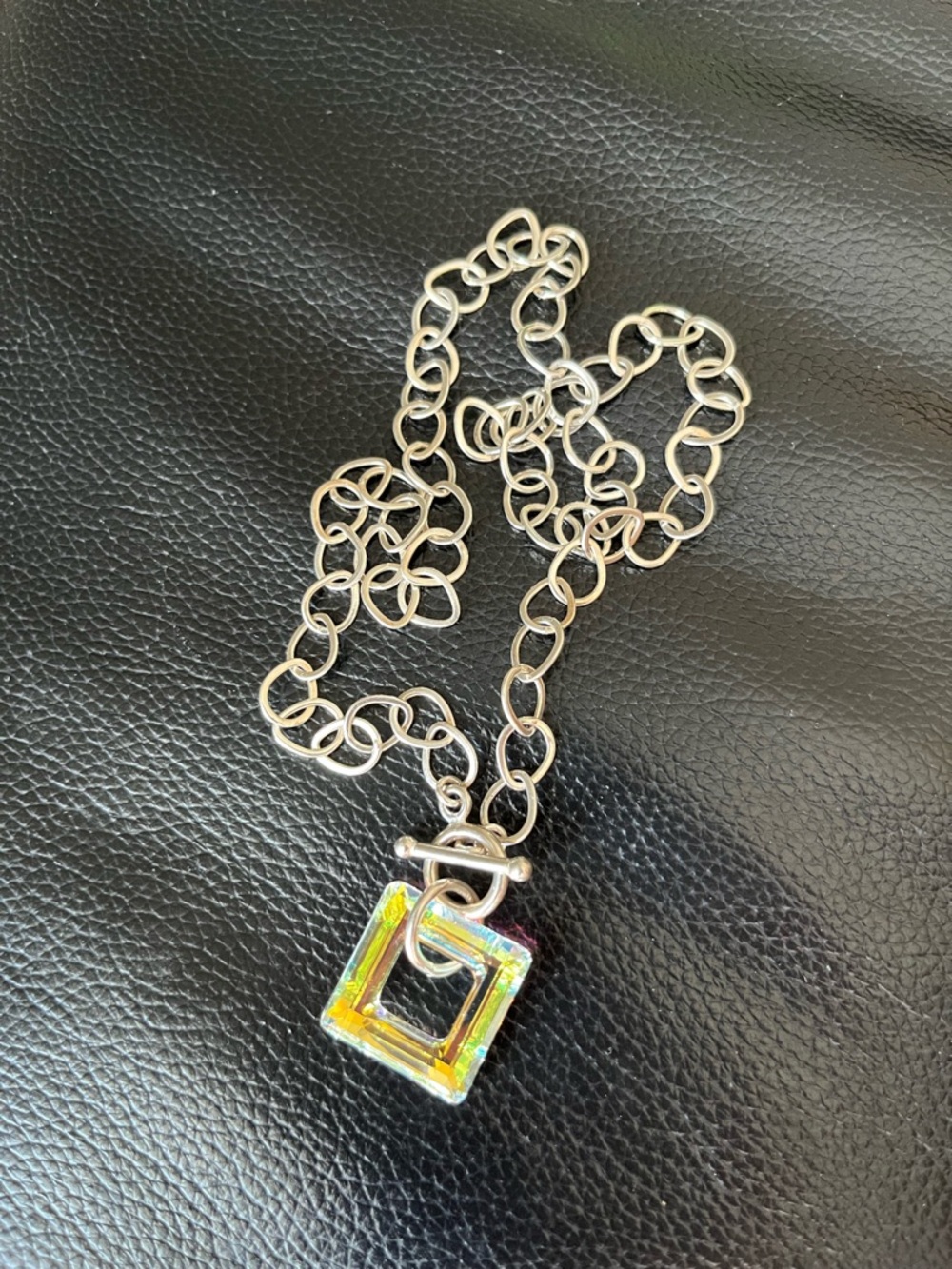 Sterling Silver Chain Necklace with Iridescent Crystal Square Pendant